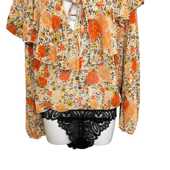 Intimately Free People Orange Floral Ruffle Bodysuit Blouse - Picture 4 of 7